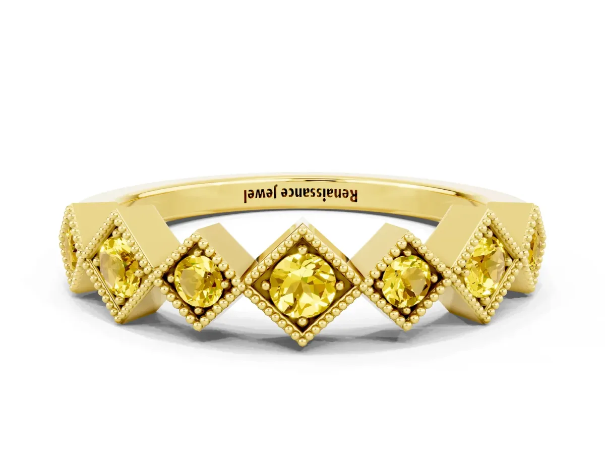 Milgrain Square Bezel Round Yellow Sapphire Chevron Band Yellow gold