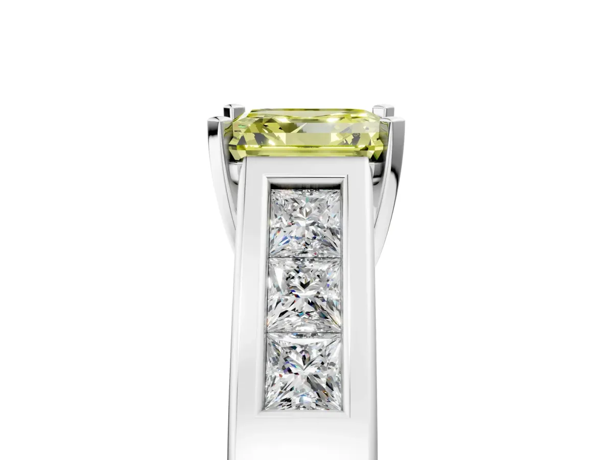Fancy Yellow Asscher Cut Cut Channel Set Solitaire Ring with Four-Prong Setting Silver