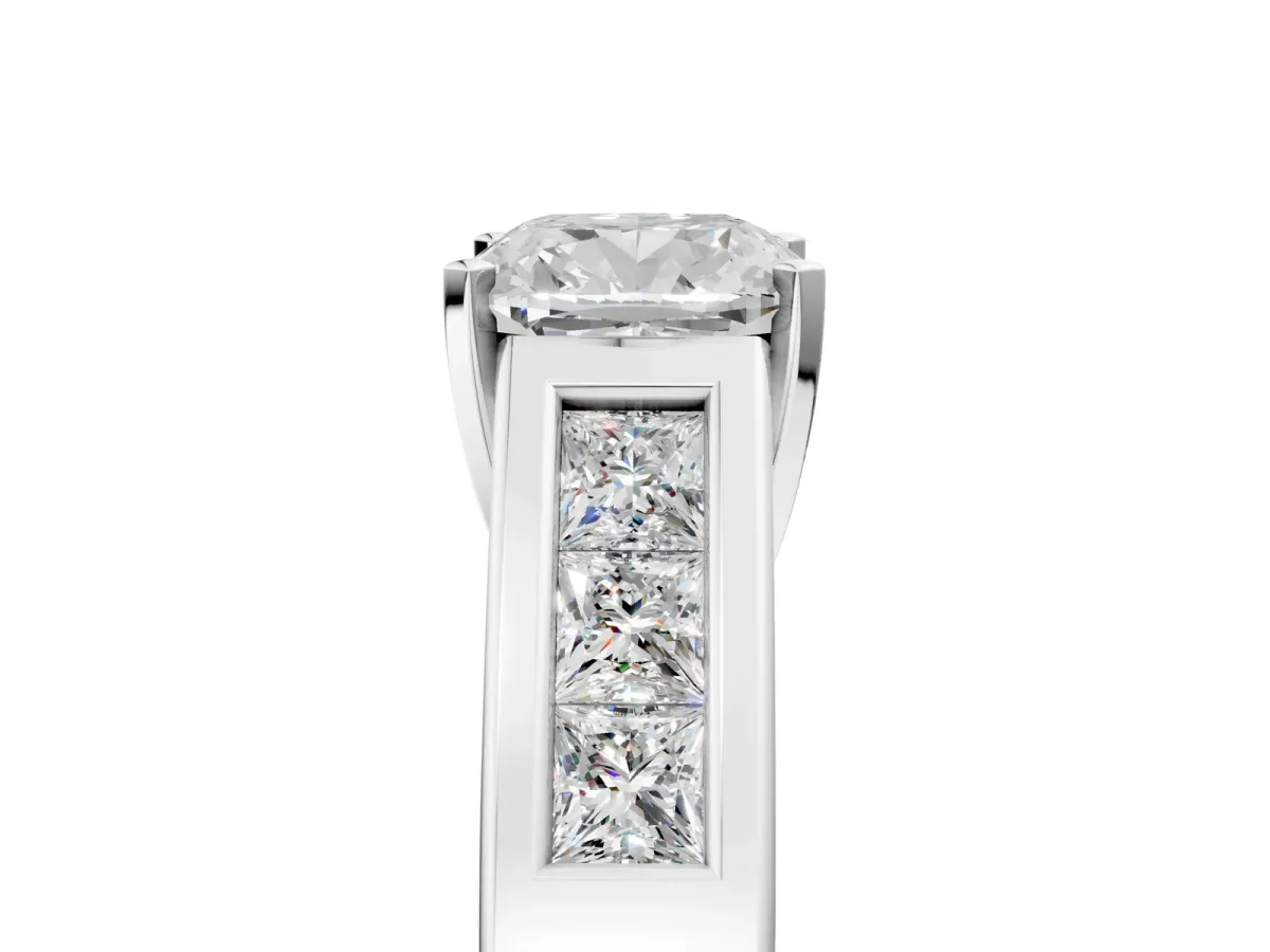 Cushion Cut Cut Channel Set Solitaire Ring with Four-Prong Setting White gold