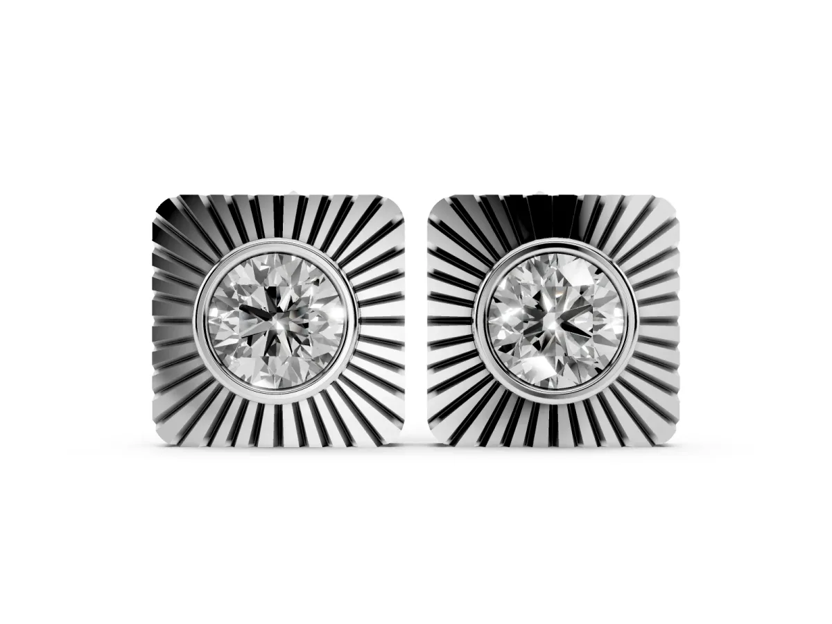 Round Diamond Sunburst Square Stud Earrings Silver