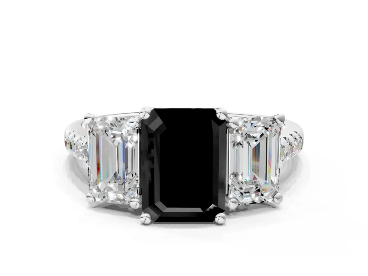 Fancy Black Three-Stone Emerald Cut Diamond Ring with Round Pavé Band and Prong Setting Platinum