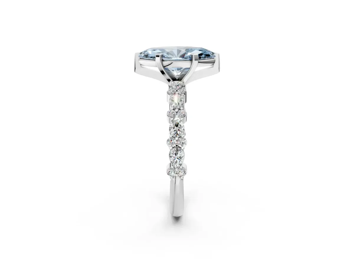 Fancy Blue Marquise Cut Diamond Side Stone Solitaire Ring with Round and Four-Prong Setting Silver