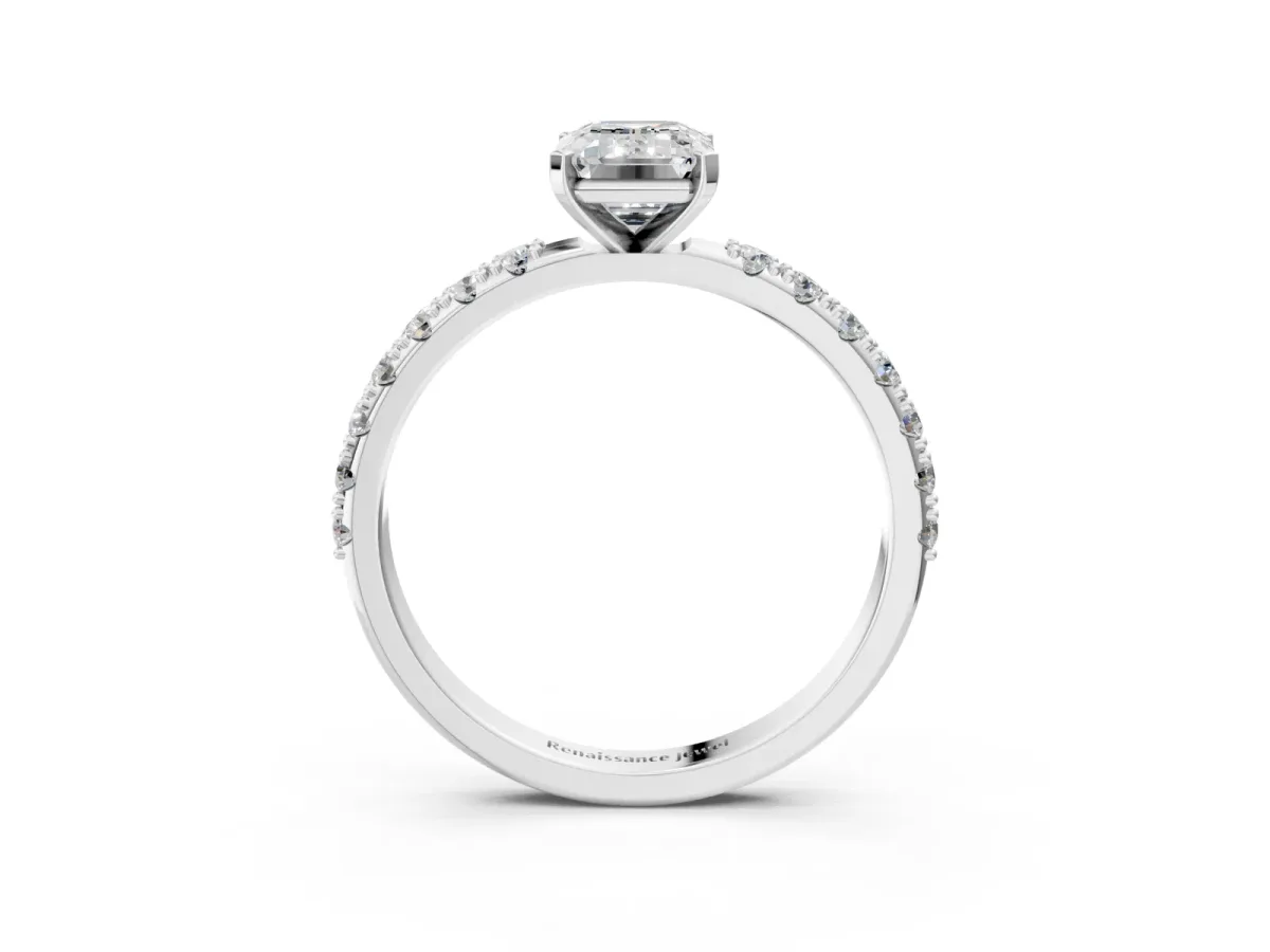 Emerald Cut Diamond Solitaire Pavé Band with Four-Prong Setting White gold