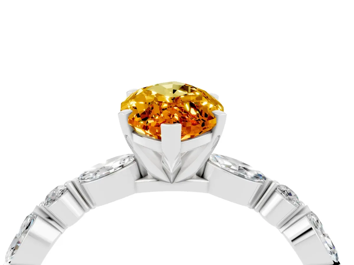 Marquise Cut Citrine Ring with Marquise and Round Side Stones and Four-Prong Setting Silver