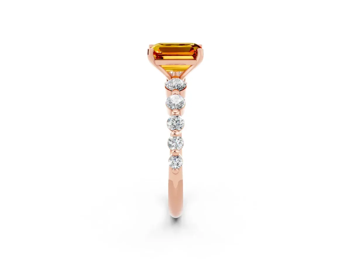 Emerald Cut Solitaire Citrine Ring with Pave Band and Four-Prong Setting Rose gold