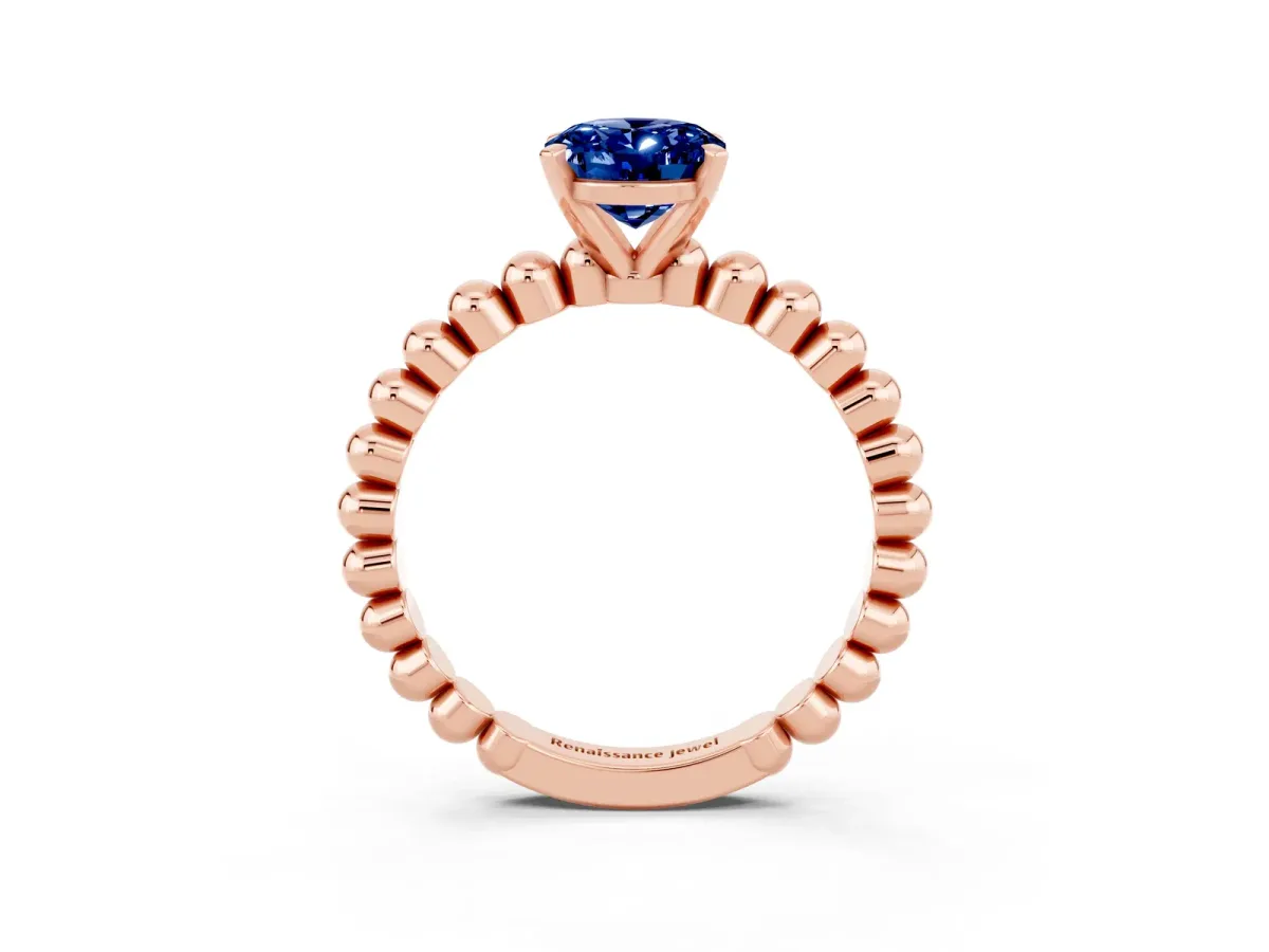 Oval Cut Blue Sapphire Solitaire Ring with Beaded Band and Prong Setting Rose gold