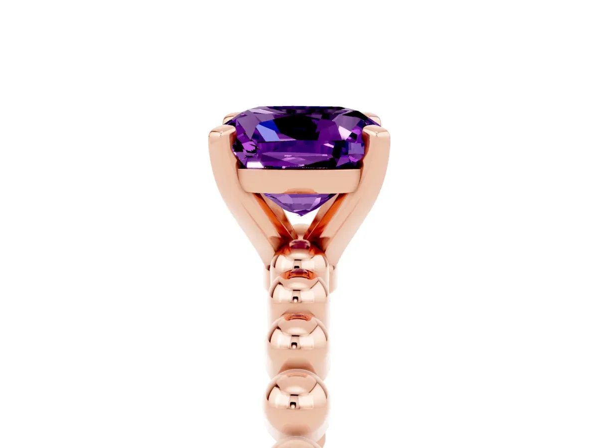Cushion Cut Amethyst Solitaire Ring with Beaded Band and Prong Setting Rose gold