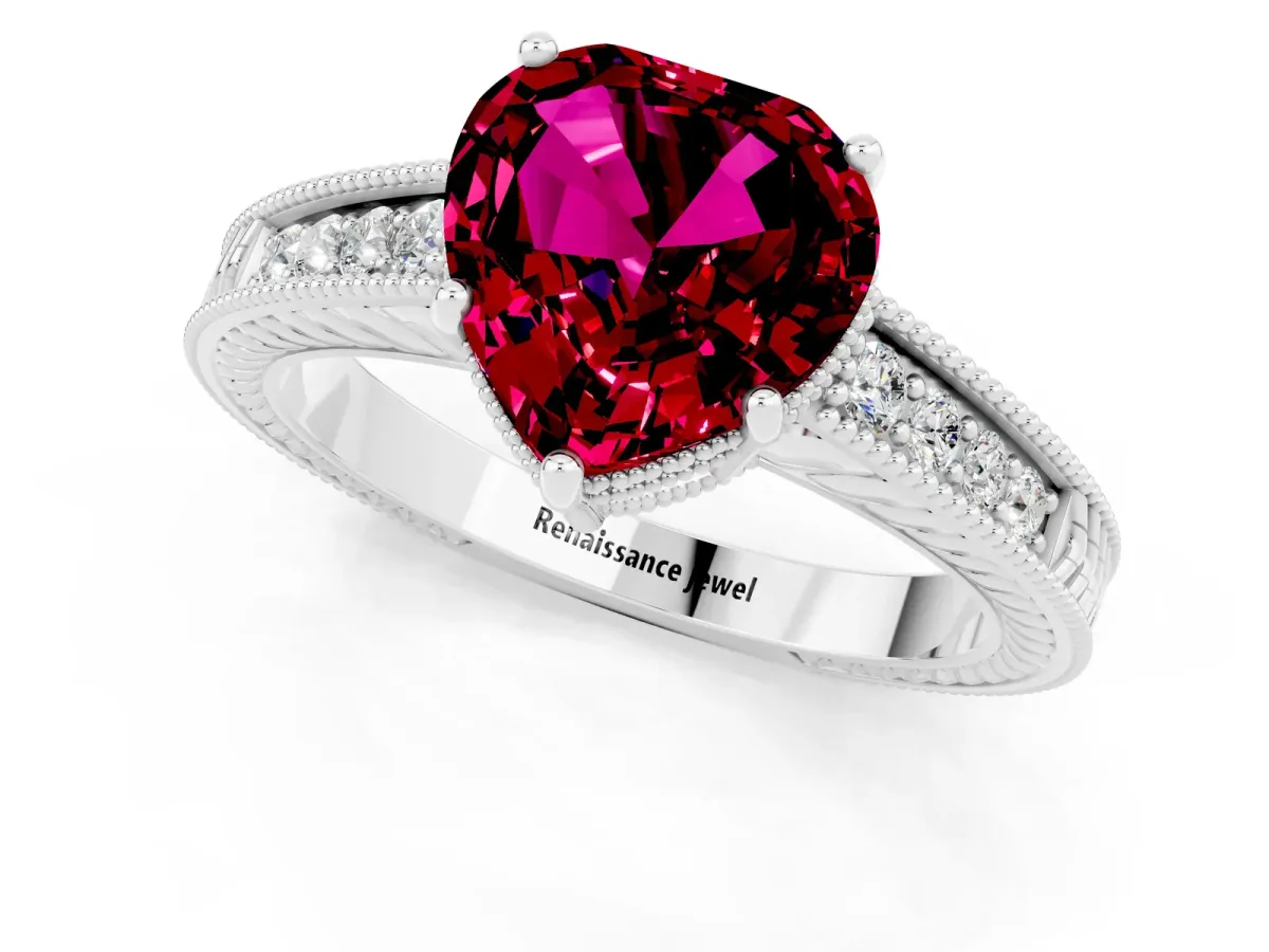Heart Cut Garnet Ring with Milgrain Pavé Band and Four-Prong Setting Platinum