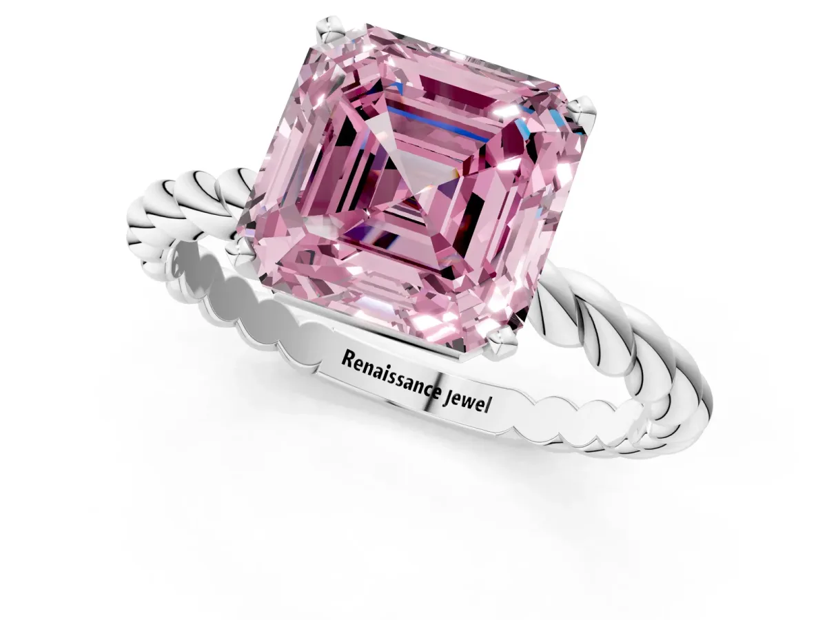 Fancy Pink Asscher Cut Cut Solitaire Twisted Band with Four-Prong Setting Platinum