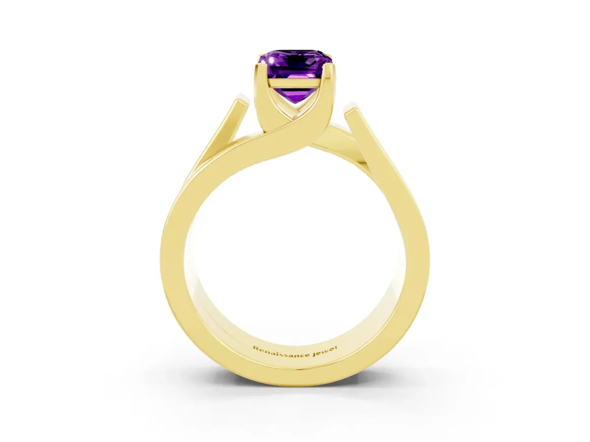 Modern Tension Set Emerald Cut Amethyst Solitaire Wide Band Ring Yellow gold