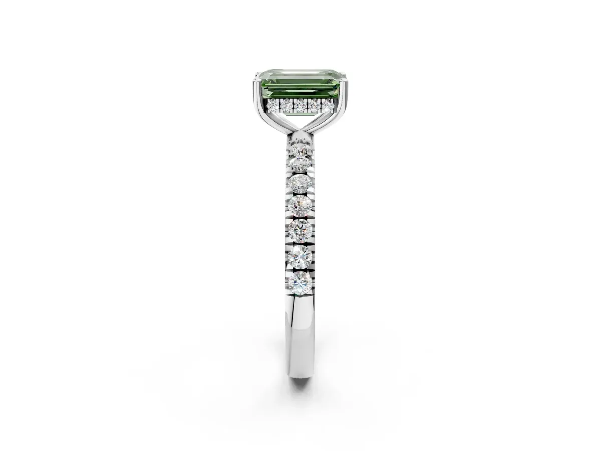 Fancy Green Emerald Cut Diamond Pave Band Solitaire Ring with Round and Prong Setting Silver
