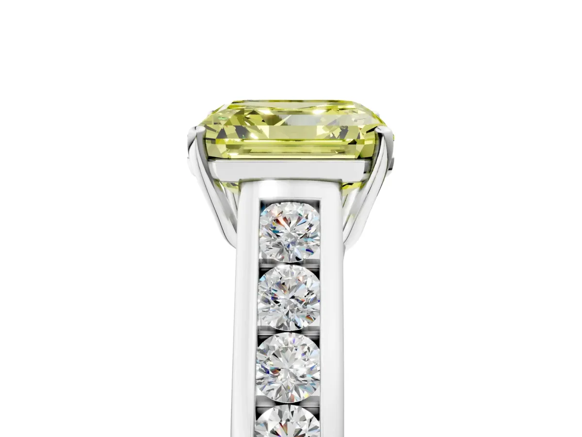Fancy Yellow Asscher Cut Solitaire Channel-Set Diamond Engagement Ring with Four-Prong Setting Platinum