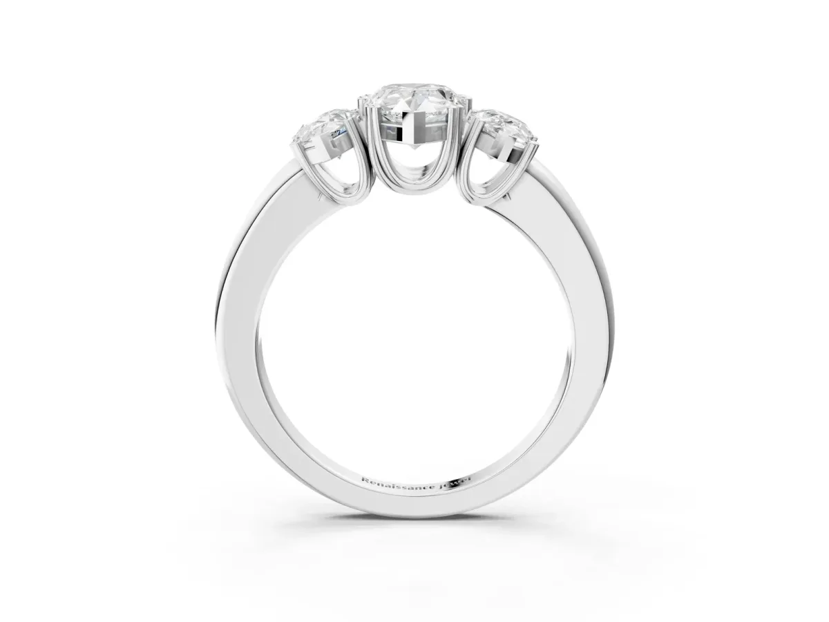 Three-Stone Pear Cut Cut Diamond Ring with Channel Set Band and Four-Prong Setting White gold