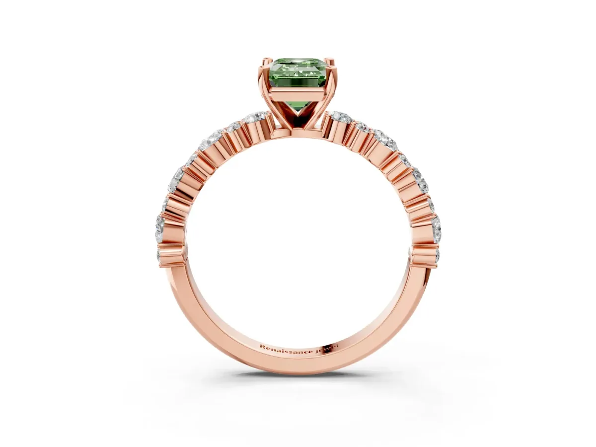 Fancy Green Emerald Cut Diamond Side Stone Solitaire Ring with Round and Four-Prong Setting Rose gold