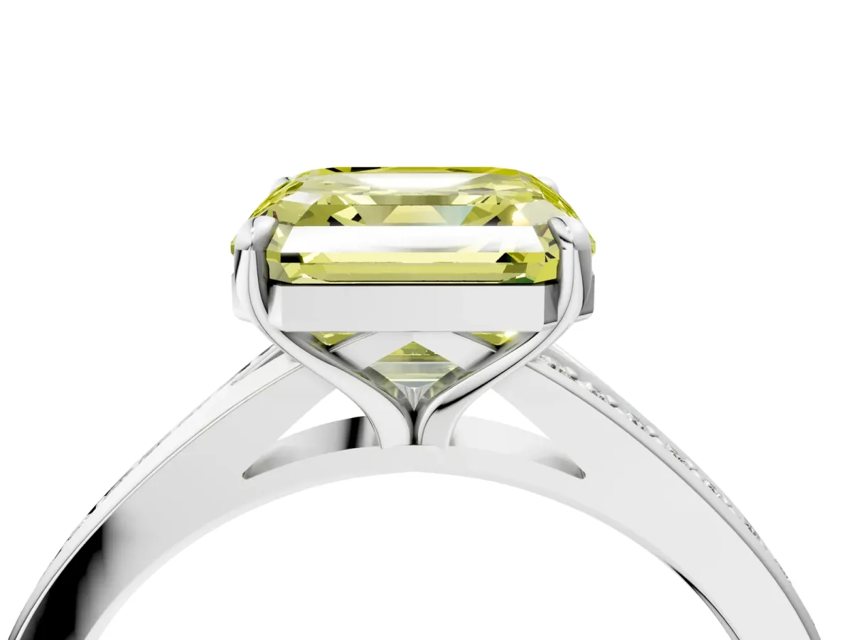 Fancy Yellow Asscher Cut Diamond Solitaire Ring with Pavé Band and Prong Setting Platinum