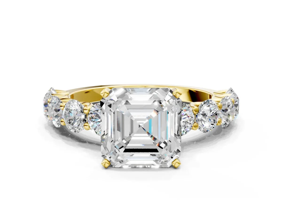 Asscher Cut Diamond Prong Setting with Side Stones on a Pave Band Yellow gold