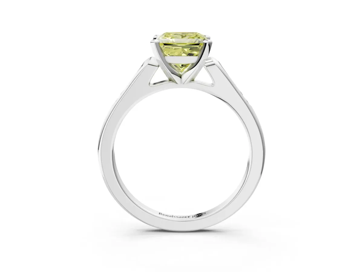 Fancy Yellow Princess Cut Diamond Solitaire Ring with Channel Set Round Band and Prong Setting Silver
