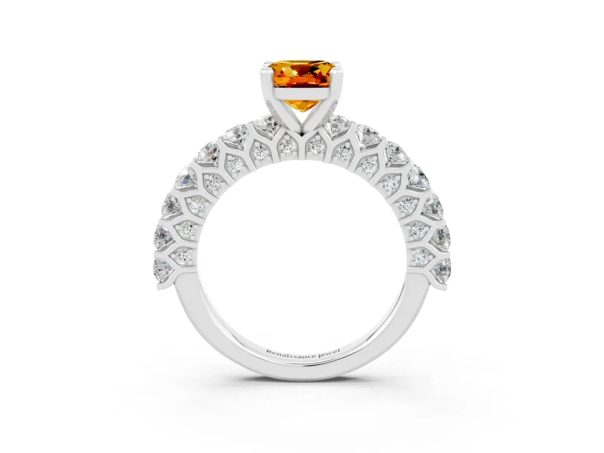 Cushion Cut Citrine Solitaire Ring with Shared Prong Pavé Band and Four-Prong Setting White gold