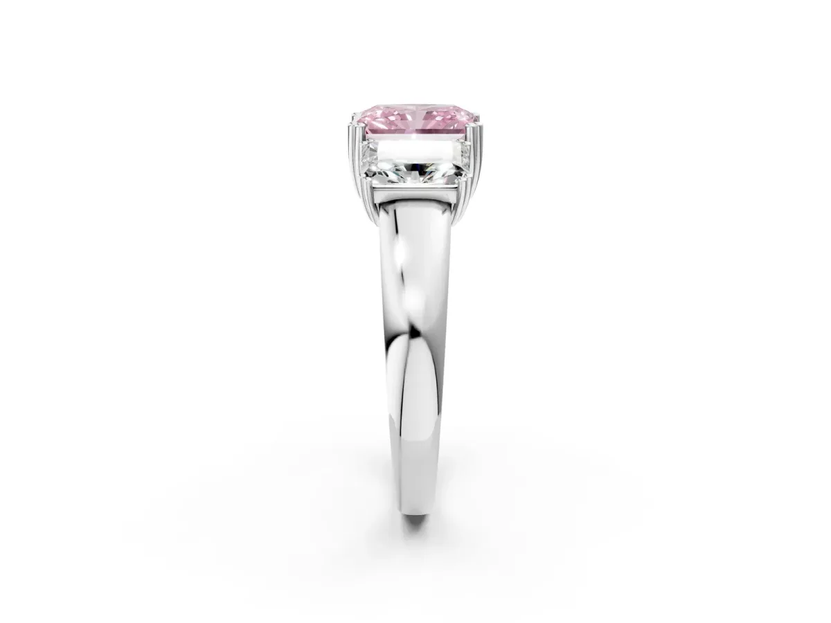 Fancy Pink Three-Stone Radiant Cut Cut Diamond Ring with Channel Set Band and Four-Prong Setting Silver