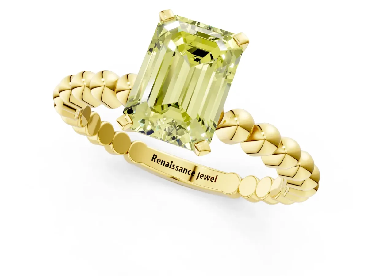 Fancy Yellow Emerald Cut Diamond Solitaire Ring with Beaded Band and Prong Setting Yellow gold