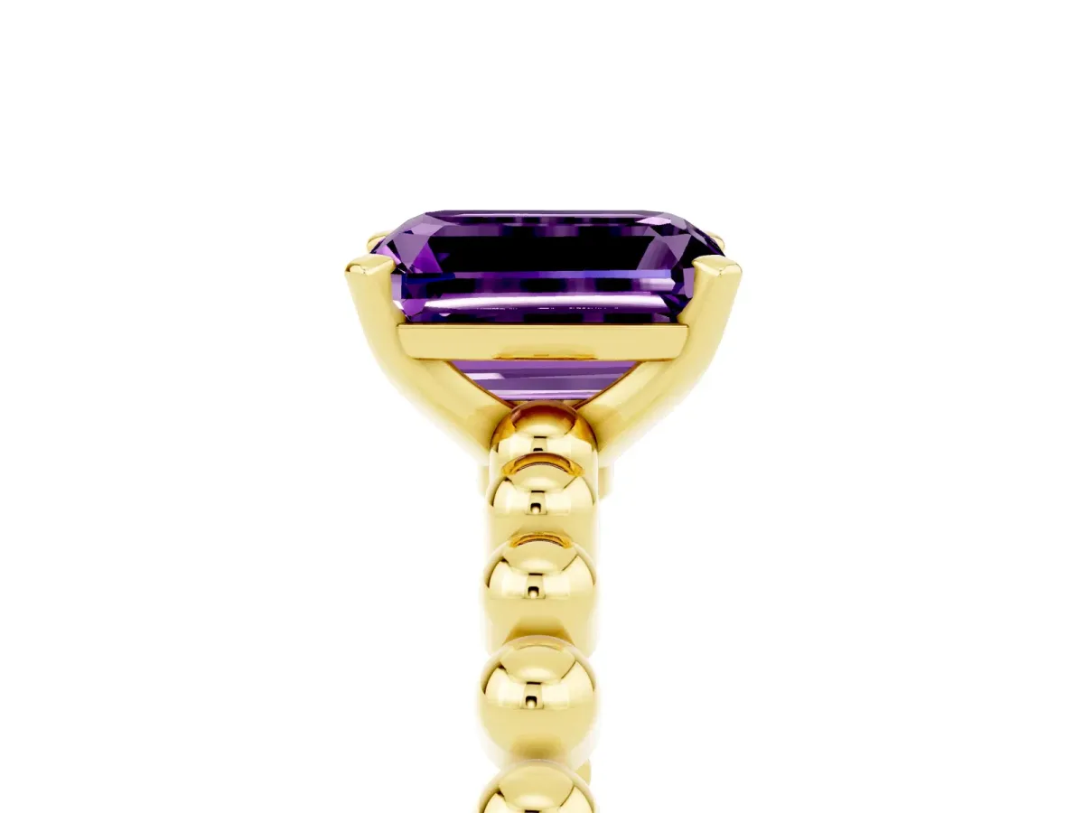 Emerald Cut Amethyst Solitaire Ring with Beaded Band and Prong Setting Yellow gold