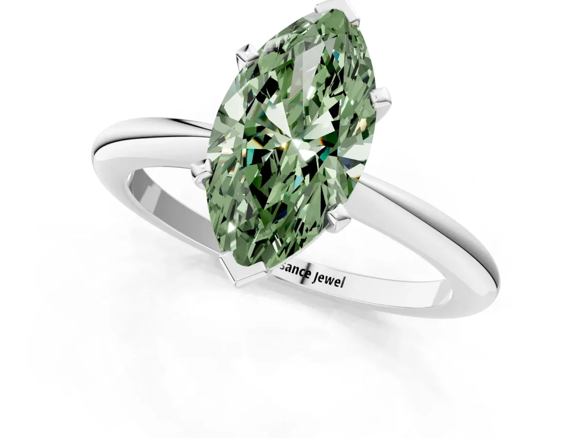Fancy Green Marquise Cut Diamond Solitaire Ring with Six-Prong Setting and Classic Band Silver