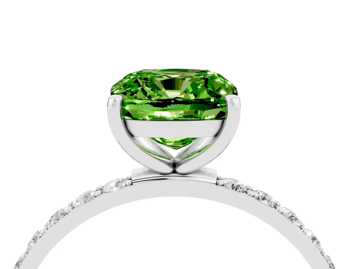 Cushion Cut Peridot Solitaire Ring with Round Pavé Band and Prong Setting Silver