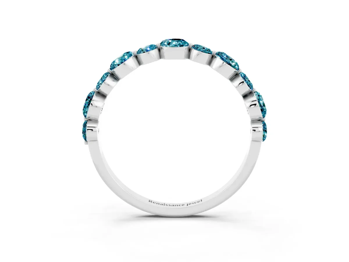 Round Blue Topaz Scalloped Prong Set Eternity Band Silver