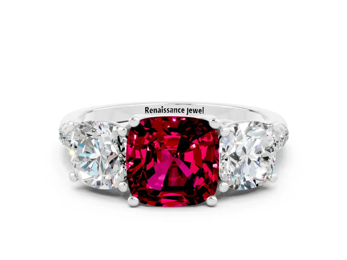 Three-Stone Cushion Cut Garnet Ring with Round Pavé Band and Prong Setting Silver