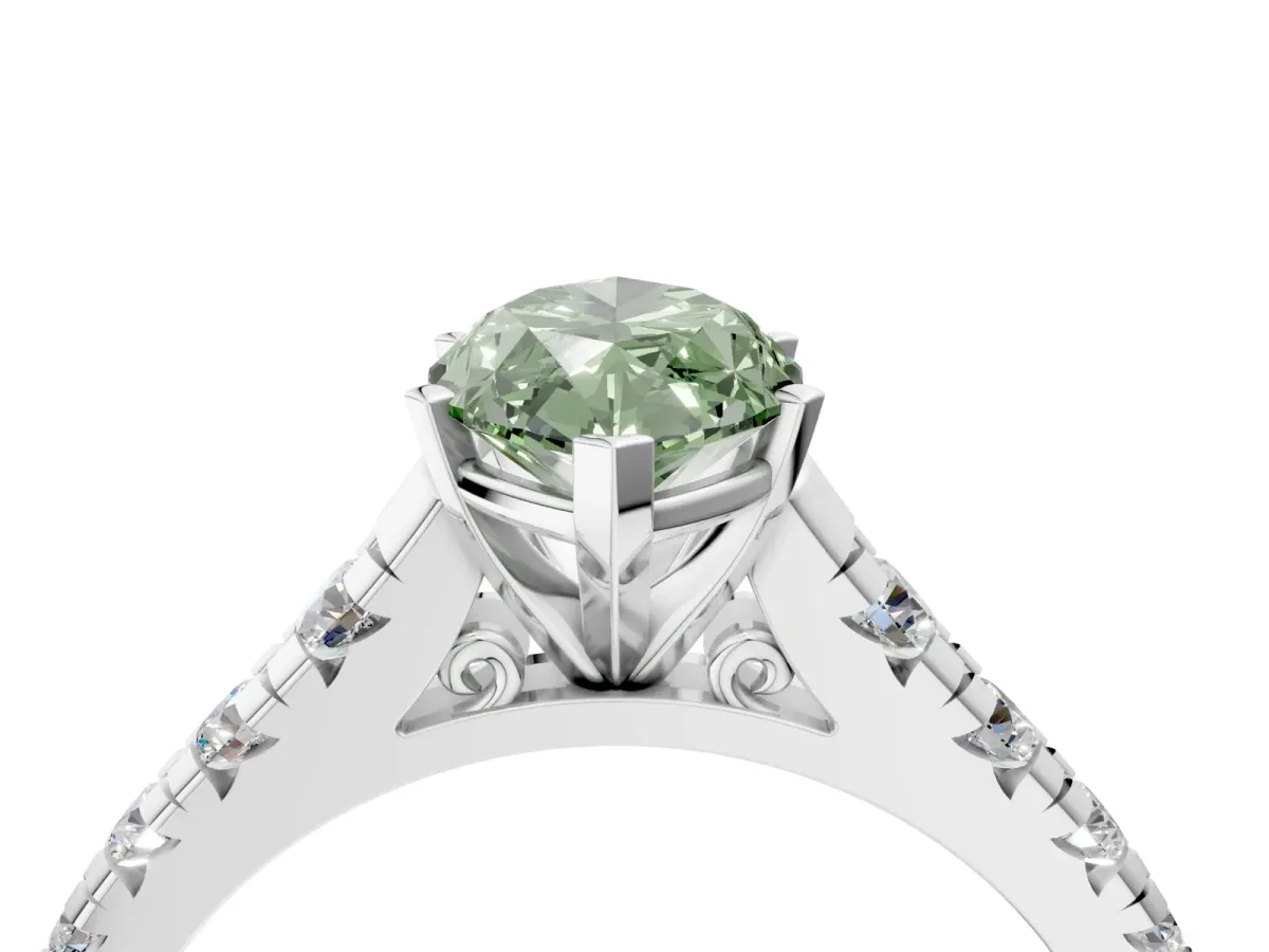 Fancy Green Marquise Cut Diamond Cathedral Solitaire Ring with Round Pavé Band Silver