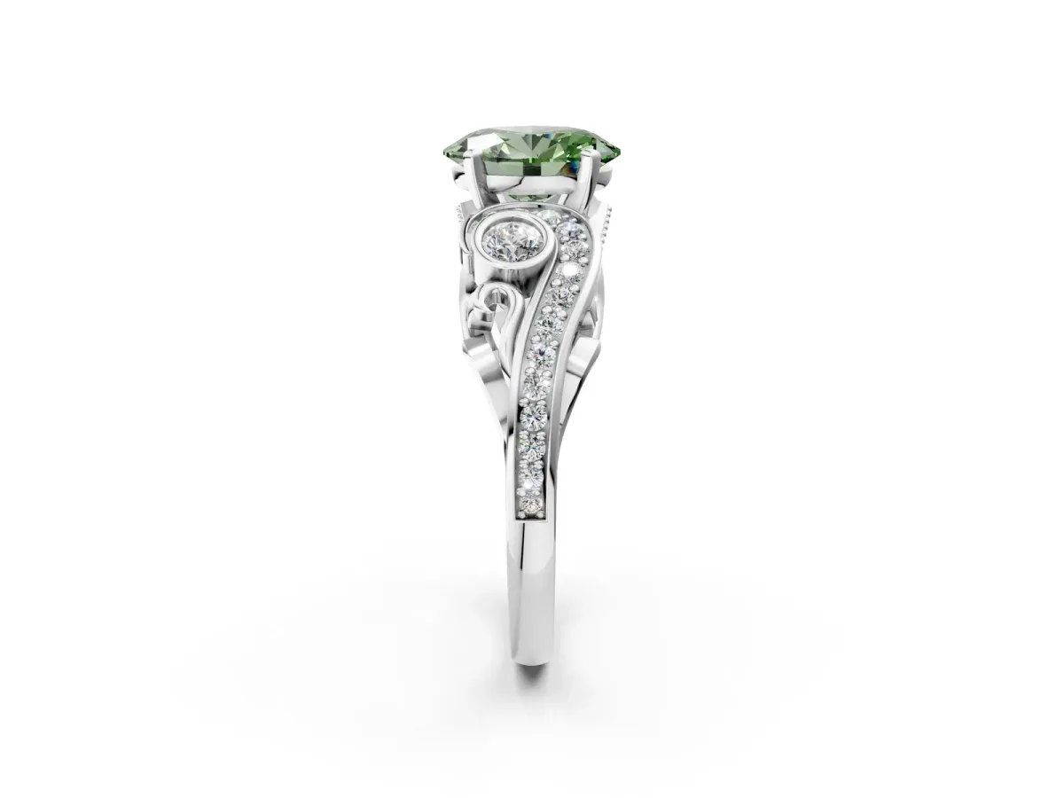 Fancy Green Oval Cut Diamond Solitaire Ring with Milgrain Pavé Band and Four-Prong Setting Silver