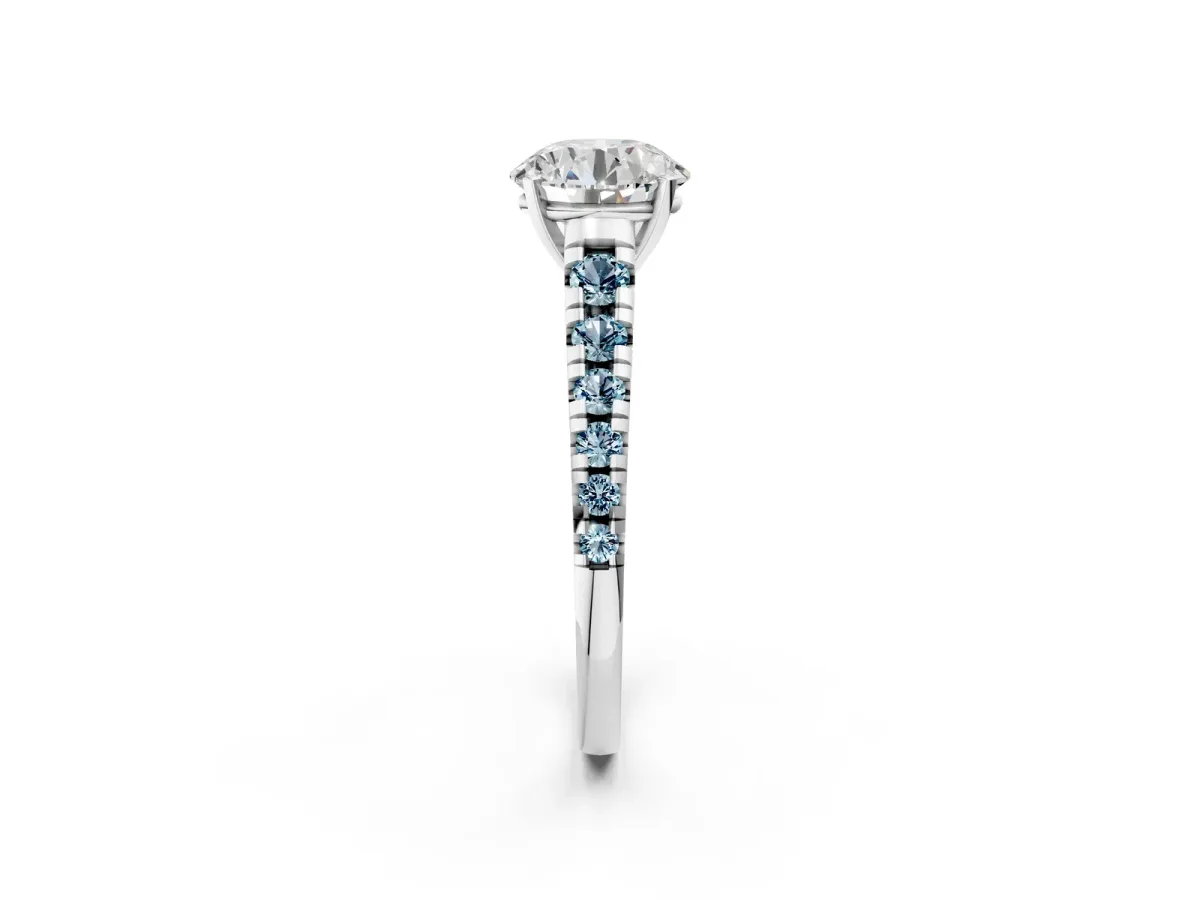 Round Cut Diamond Cathedral Solitaire Ring with Round Aquamarine Pavé Band Silver