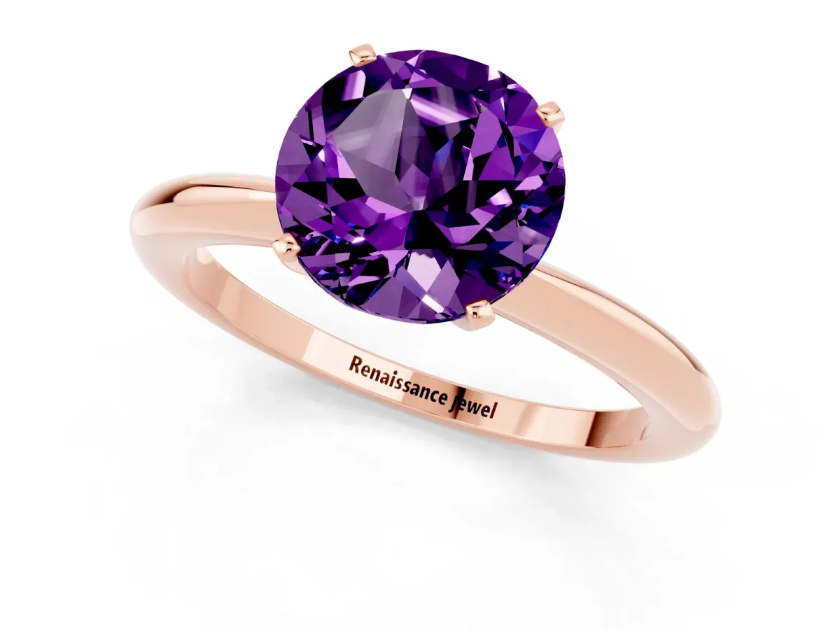 Round Cut Amethyst Solitaire Ring with Six-Prong Setting and Classic Band Rose gold