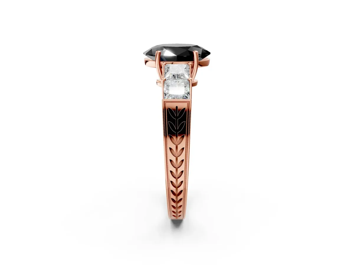 Fancy Black Oval Cut Solitaire Princess Side Stone Engraved Band Prong Setting Ring Rose gold