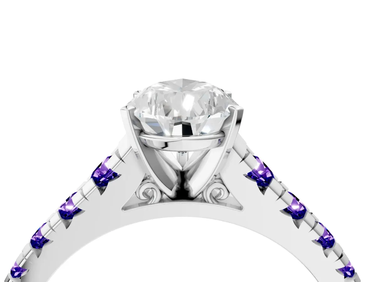 Pear Cut Diamond Cathedral Solitaire Ring with Round Tanzanite Pavé Band Silver
