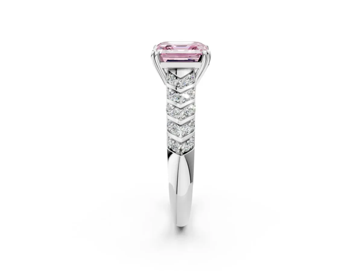 Fancy Pink Asscher Cut Solitaire Chevron Pave Diamond Engagement Ring with Six-Prong Setting Platinum