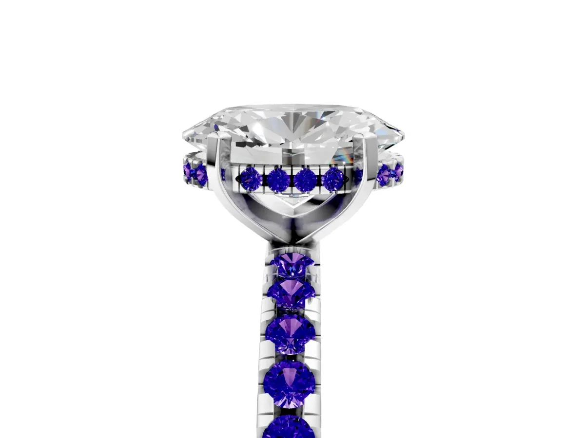 Oval Cut Diamond Solitaire Ring with Round Tanzanite Pavé Band and Four-Prong Setting Silver