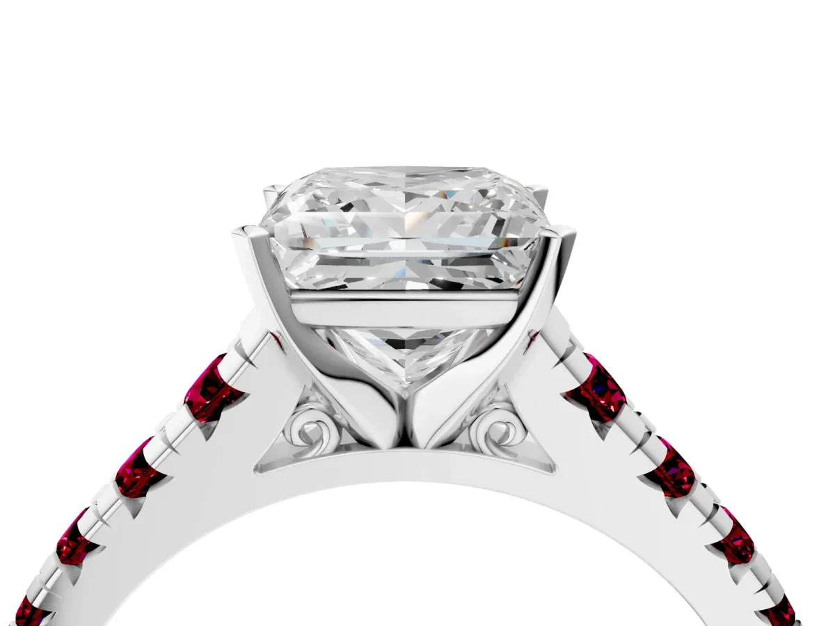 Princess Cut Diamond Cathedral Solitaire Ring with Round Garnet Pavé Band Silver
