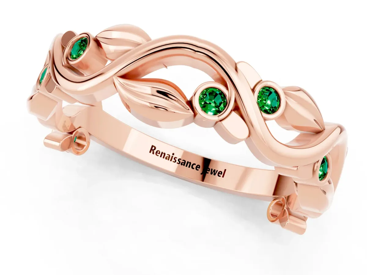 Round Emerald Leaf Eternity Band with Bezel Setting Rose gold