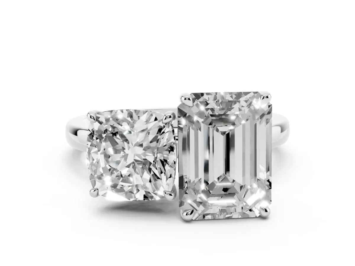 Cushion Cut and Emerald Cut Toi Moi Ring with Prong Setting Platinum