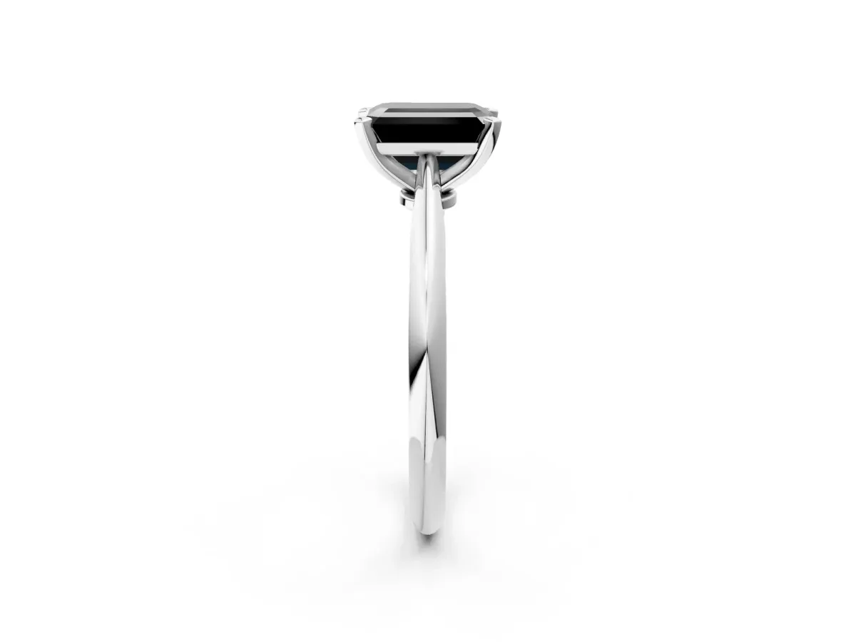 Fancy Black Emerald Cut Diamond Solitaire Engagement Ring with Classic Band and Four-Prong Setting Silver