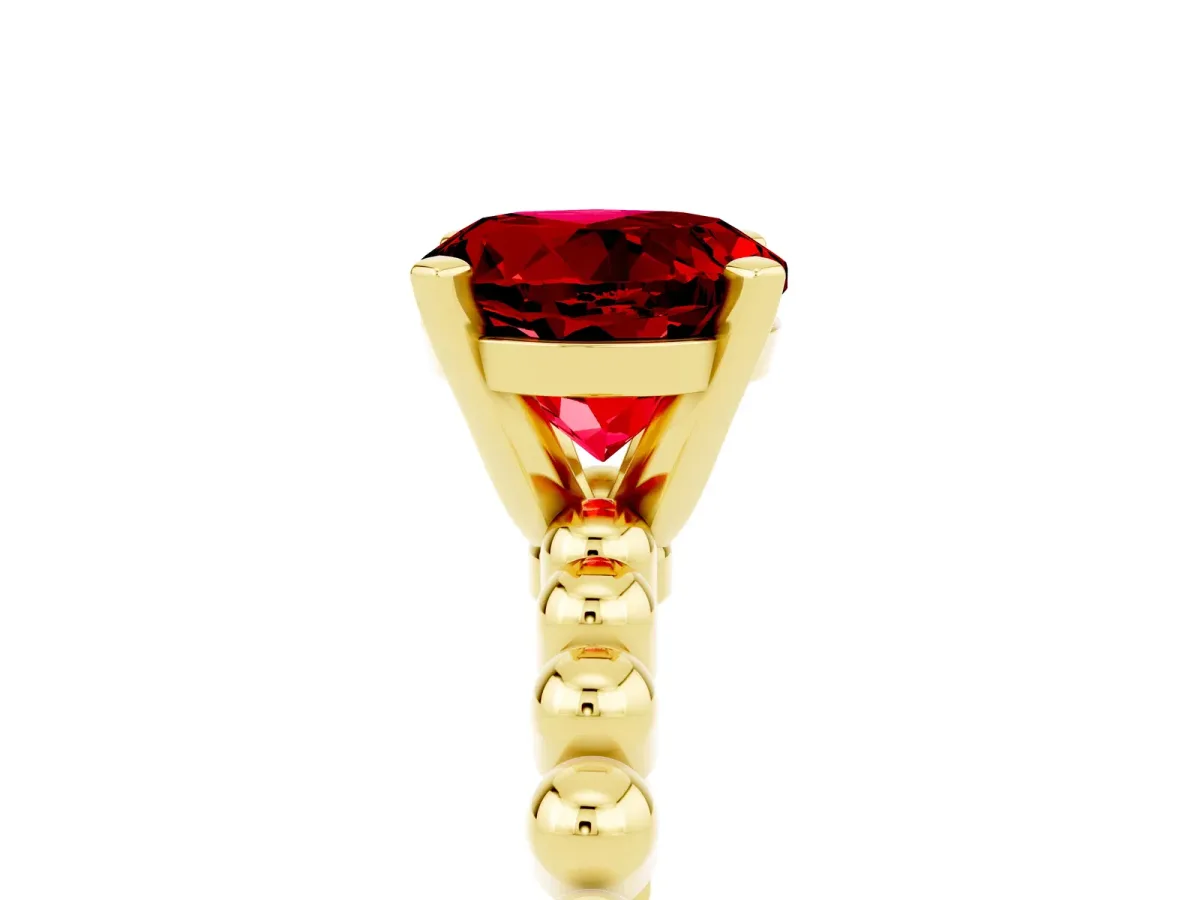 Round Cut Ruby Solitaire Ring with Beaded Band and Prong Setting Yellow gold