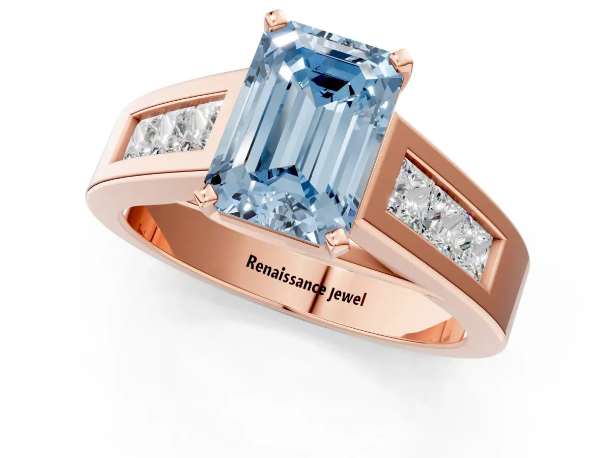 Fancy Blue Emerald Cut Cut Channel Set Solitaire Ring with Four-Prong Setting Rose gold