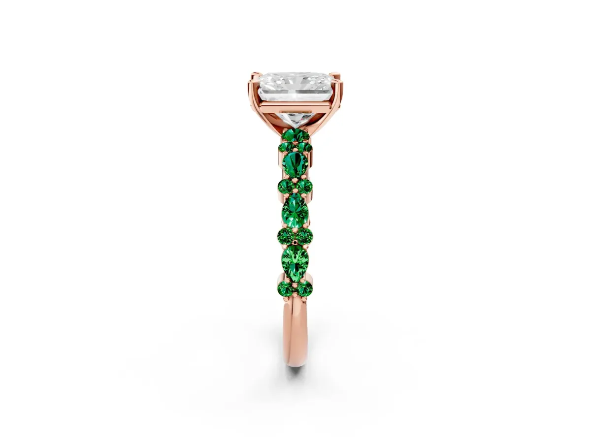 Radiant Cut Diamond Side Stone Solitaire Ring with Round Emerald and Four-Prong Setting Rose gold
