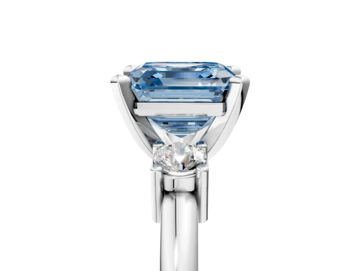 Fancy Blue Three-Stone Asscher Cut Cut Diamond Solitaire with Prong Setting and Classic Band Platinum