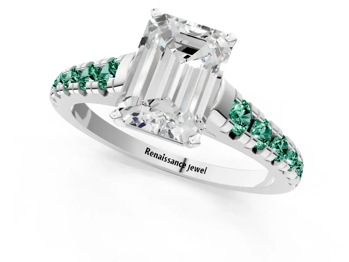 Emerald Cut Diamond Cathedral Solitaire Ring with Round Green Sapphire Pavé Band Silver