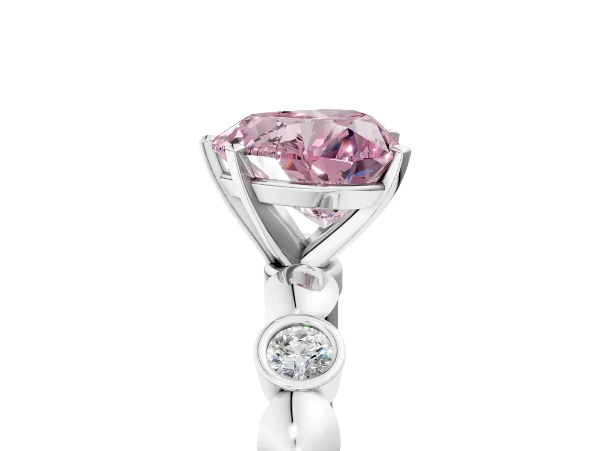 Fancy Pink Heart Cut Solitaire Bezel-Set Diamond Ring with Beaded Band and Four-Prong Setting Silver