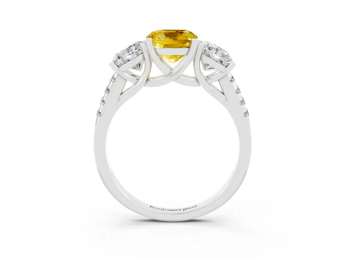 Three-Stone Cushion Cut Yellow Sapphire Ring with Round Pavé Band and Prong Setting Silver