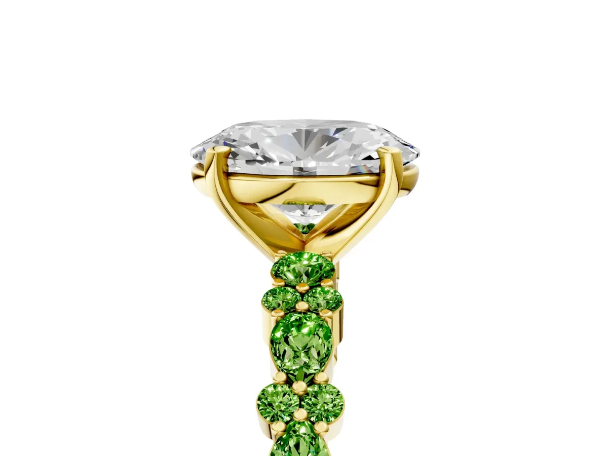 Oval Cut Diamond Side Stone Solitaire Ring with Round Peridot and Four-Prong Setting Yellow gold