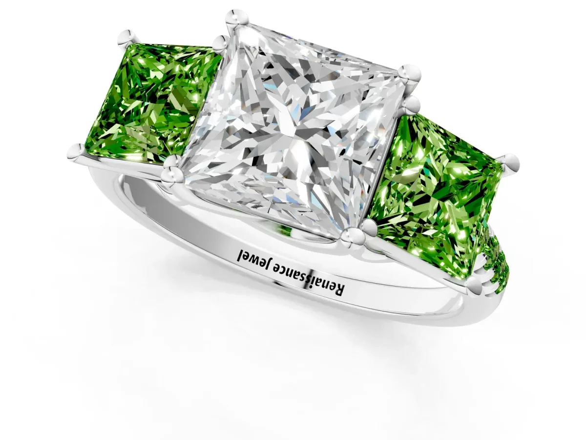 Three-Stone Princess Cut Diamond Ring with Round Peridot Pavé Band and Prong Setting Silver